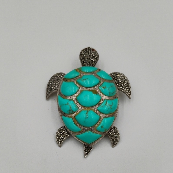 Jewelry - Sterling Silver Marcasite Sea Turtle Brooch/Pendant with Multistone Turquoise